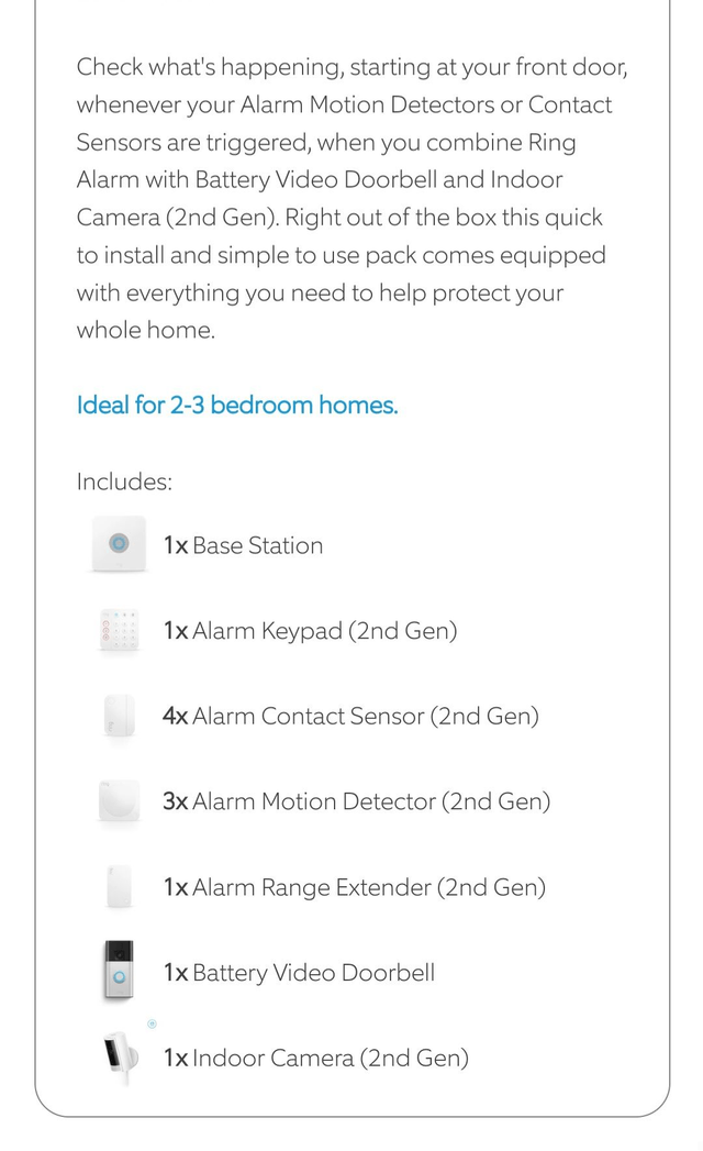 Ring Alarm, Indoor Camera 2nd Gen + Battery Video Doorbell Pack [L] no siren