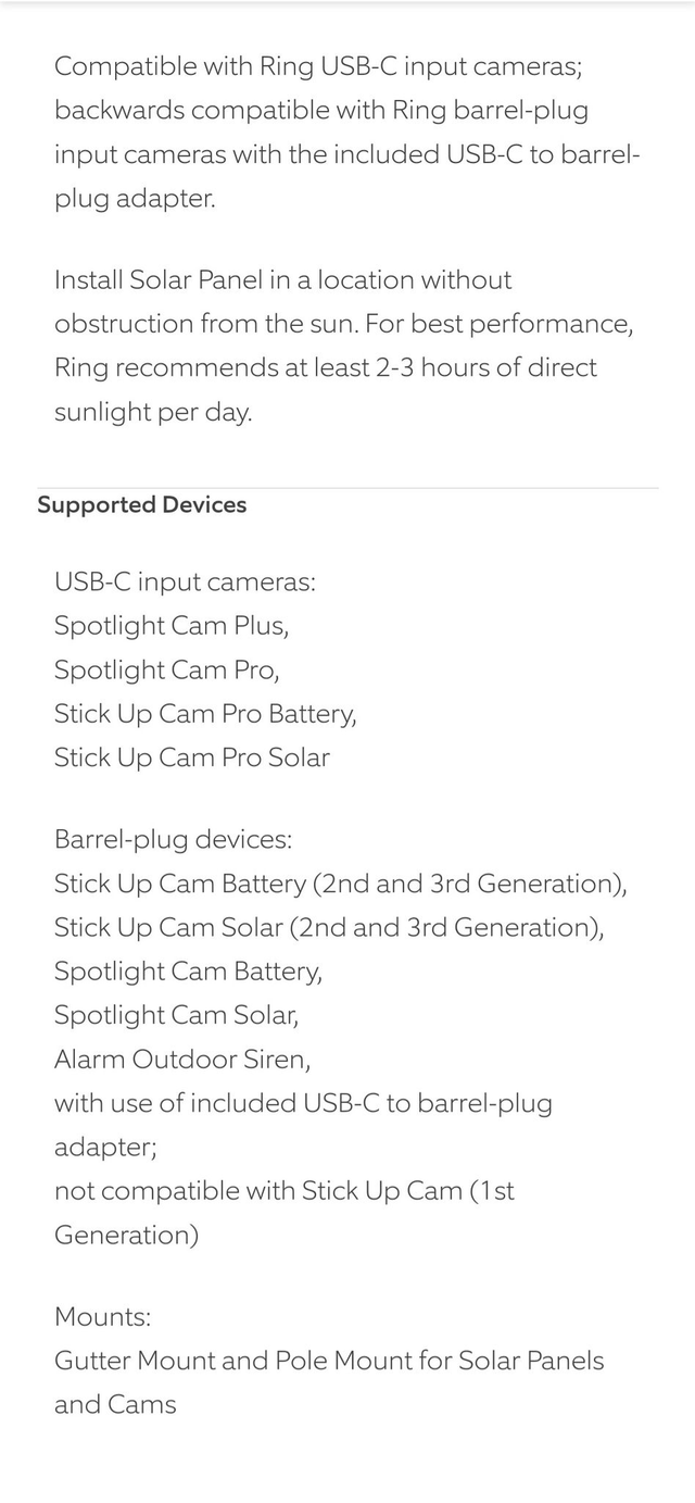 Ring Solar Panel USB-C [Stick Up Cam, Stick Up Cam Pro, Spotlight Cam Plus, Spotlight Cam Pro, Alarm Outdoor Siren]