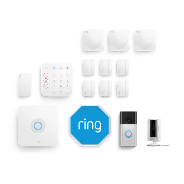Ring Alarm, Indoor Camera 2nd Gen + Battery Video Doorbell Pack [XL] With Siren